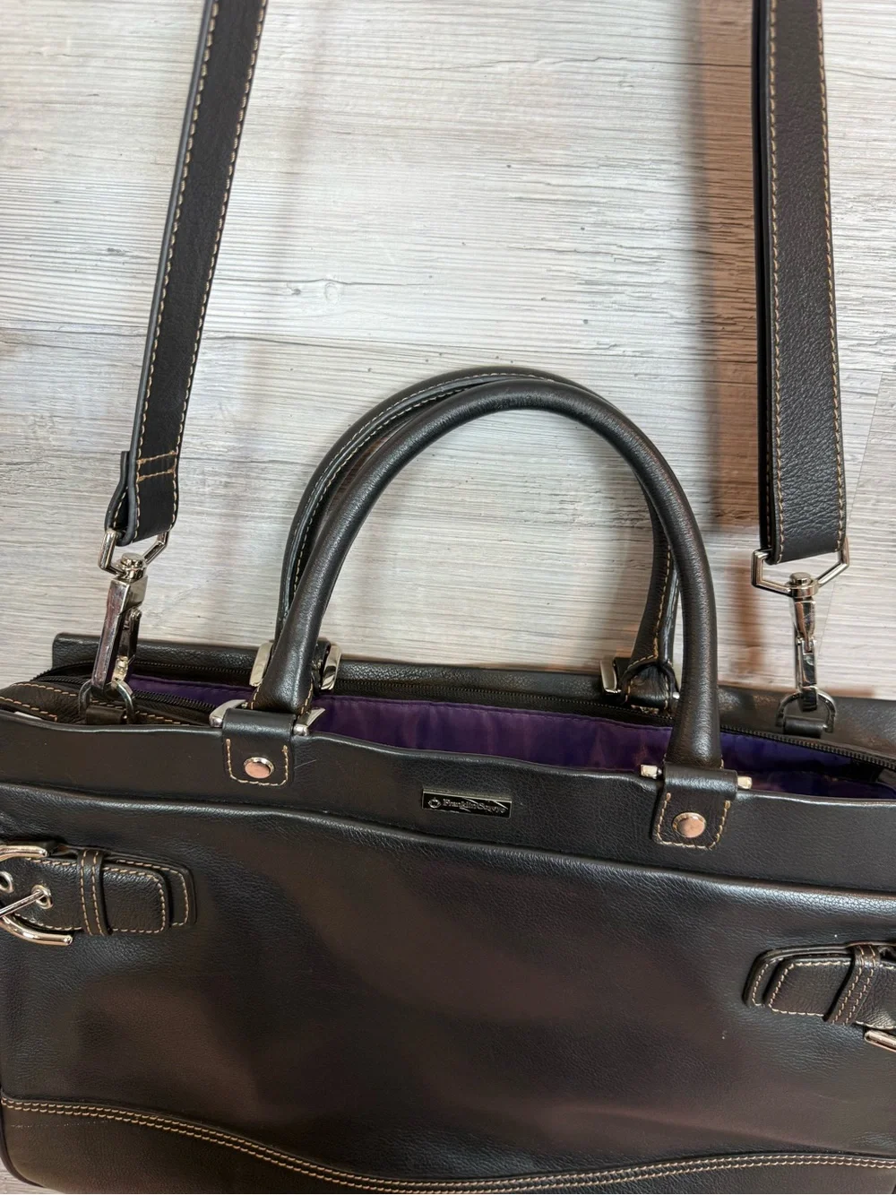 FranklinCovey Black Leather Laptop Bag Briefcase Tote Crossbody Satchel Purple